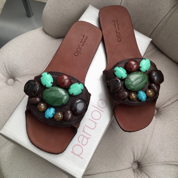 🤎 New Paruolo leather GEM Stones slip on Sandals Flat 6 - Picture 2 of 6